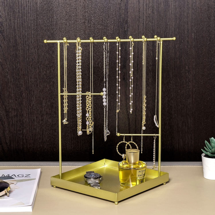 Brass Plated Metal Jewelry Tower, Tabletop Necklace and Bracelet Hanger Stand with Ring Dish Tray-MyGift