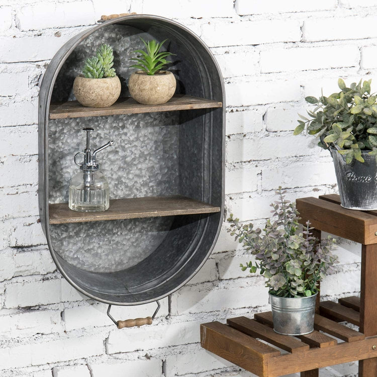Galvanized Metal Tub Wall Mounted Wooden Display Shelves-MyGift
