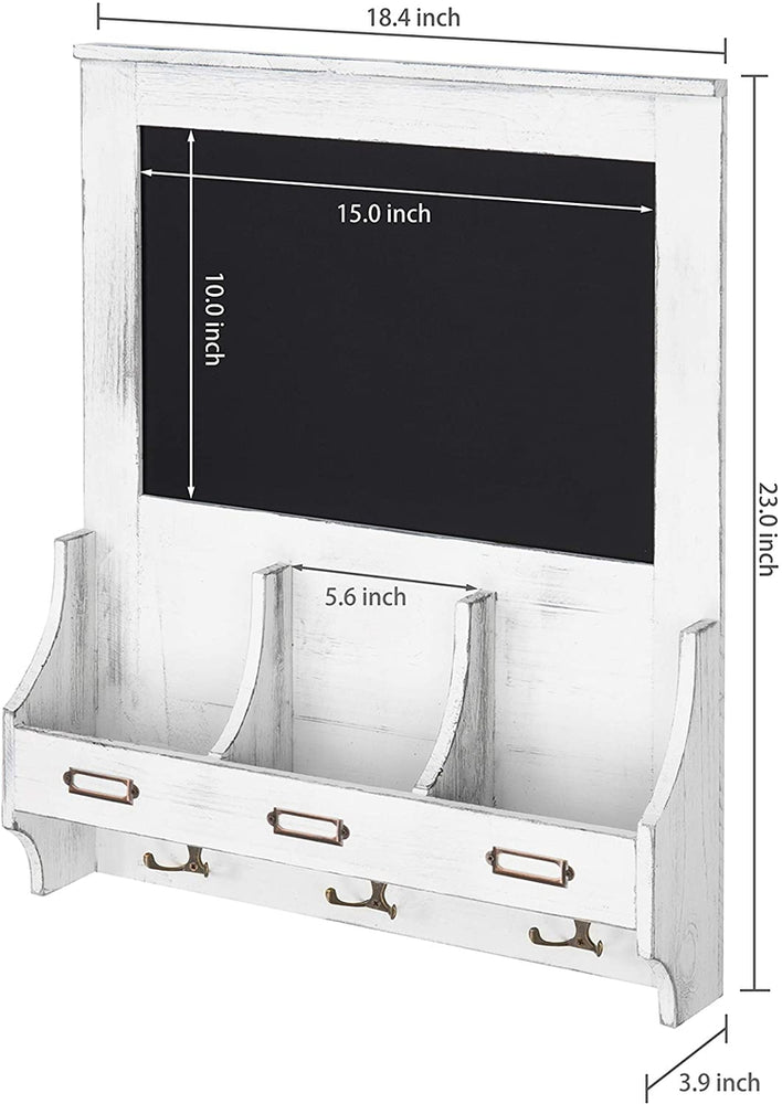 Vintage White Wood Wall-Mounted Mail Organizer with Chalkboard and Key Hooks-MyGift
