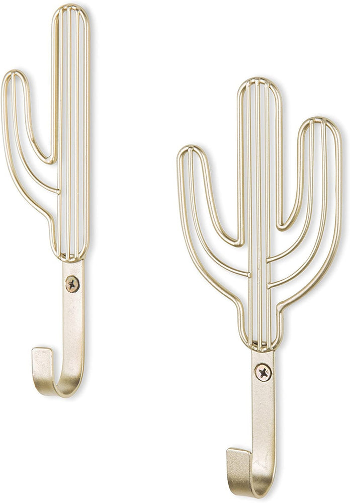 Set of 2 Wall-Mounted Brass-Tone Metal Cactus Coat Hooks-MyGift