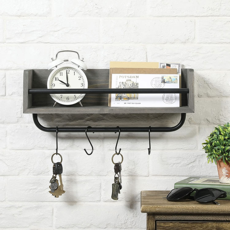 Gray Wood Wall Mounted Floating Display Shelf with Black Metal Hanger Holder Bar with 4 Utility Hooks-MyGift