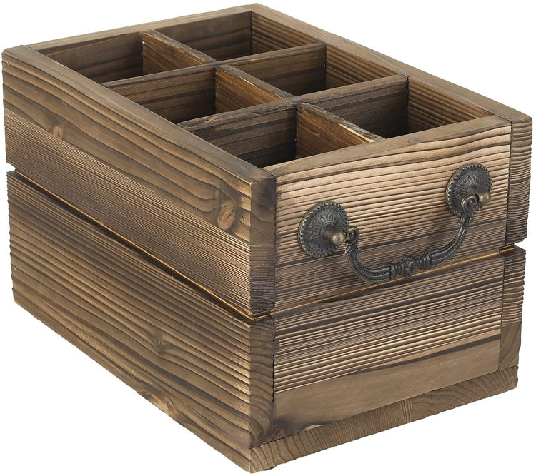 6-Slot Rustic Burnt Wood Crate Style Beer Caddy Storage Carrier with Vintage Side Handles-MyGift