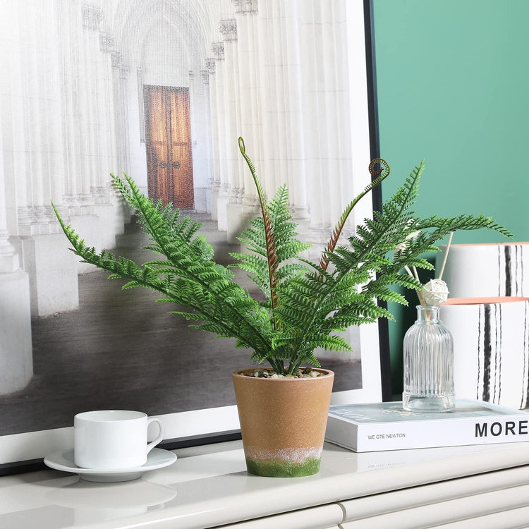 Tabletop Faux Macho Fern Plant Artificial House Plants in Decorative Terracotta Design Pot with Rock Fillers-MyGift