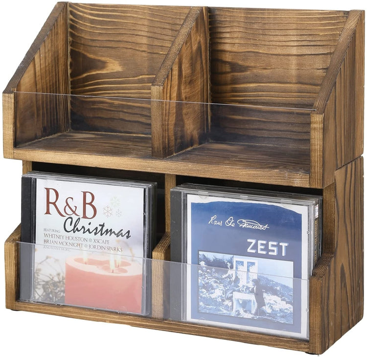 Set of 2, Rustic Burnt Wood and Clear Acrylic CD Holder Bins, Stackable Storage Racks-MyGift