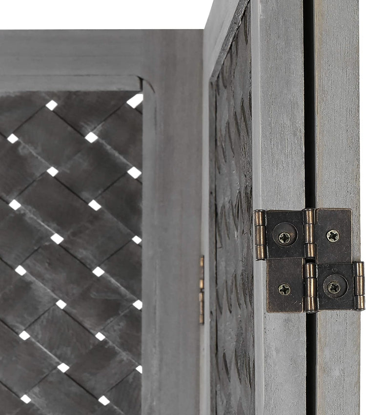 3-Panel Distressed Grey Woven Wood-Framed Dual-Hinged Room Divider-MyGift