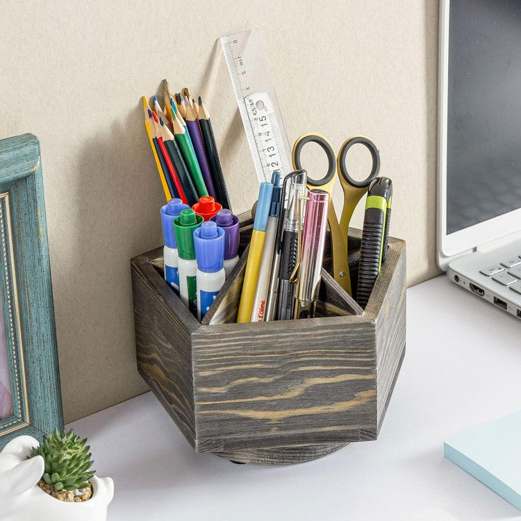 Gray Solid Wood Geometric Pentagon Shape Pen Holder and Office Stationery Storage Organizer-MyGift