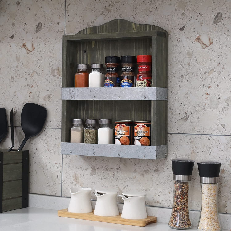 Gray Wood 2 Tier Spice Jar Holder Rack, Seasoning and Condiments Storage Shelves-MyGift