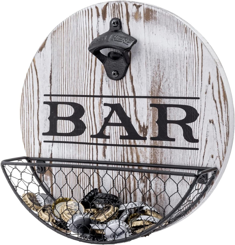 Vintage Bar Sign, Whitewashed Wood Wall Decor and Metal Bottle Opener and Mesh Wire Bottle Cap Catcher Basket-MyGift