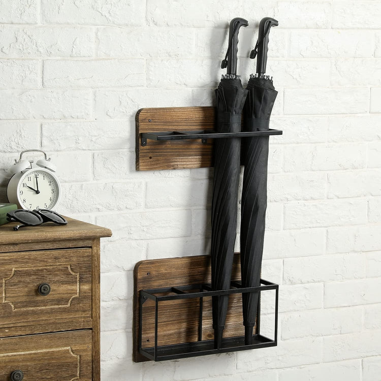 Burnt Wood and Black Metal Wall Mounted Umbrella Holder Storage Rack, 2 Piece Set-MyGift