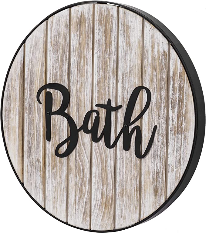 Whitewashed Wood & Black Metal Bathroom Wall Decor Sign with Cursive Bath Lettering-MyGift