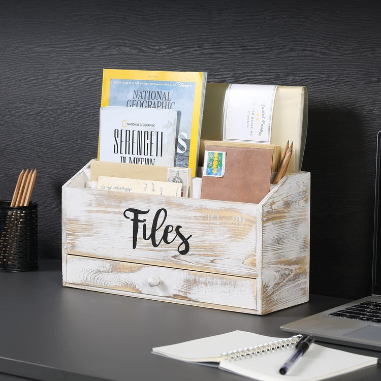 Whitewashed Wood Desktop File Organizer with Storage Drawer, Office Folder Holder, Mail Sorter with Cursive FILES Label-MyGift