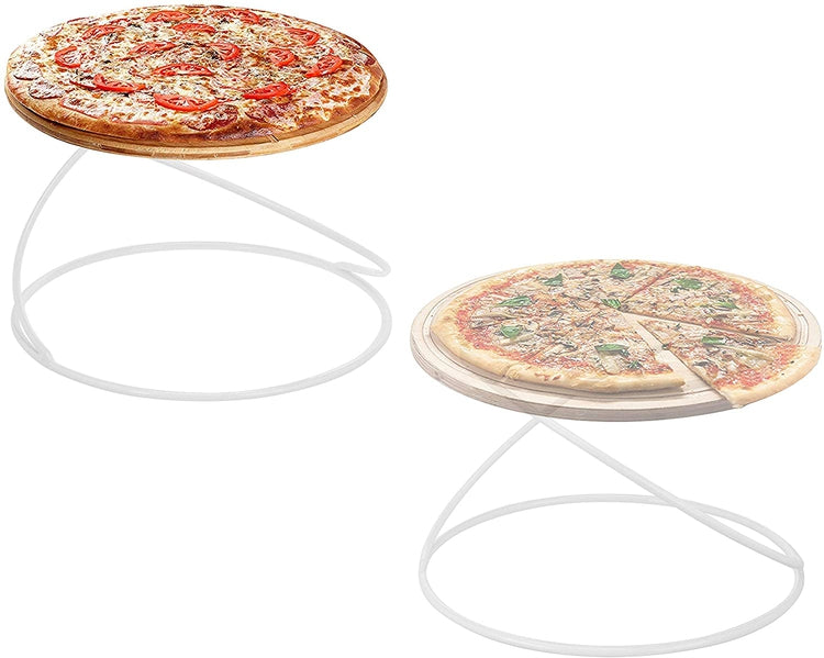 Set of 2, White Metal Wire Spiral Design Tabletop Pizza Tray Risers, Circular Serving Display Stands-MyGift
