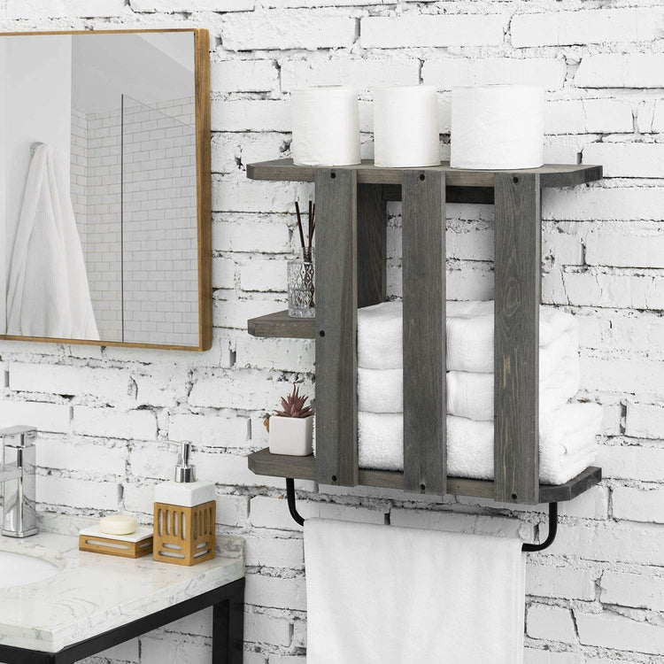 Gray Torched Wood Wall Mounted Bathroom Towel Storage Rack with Indust –  MyGift