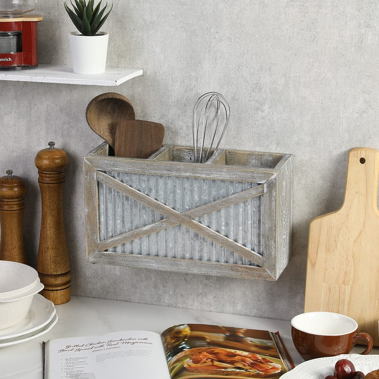 Countertop Kitchen Utensil Holder with Whitewashed Wood and Corrugated Metal, Wall Mounted Cooking Tool Caddy-MyGift