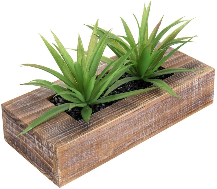 10-inch Artificial Green Grass Plants in Brown Wood Rectangular Planter Pot-MyGift