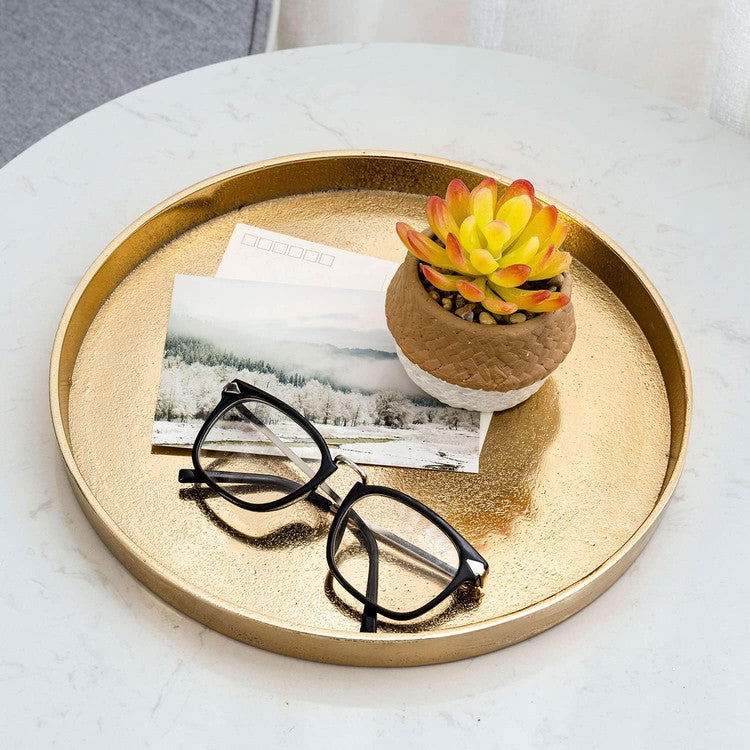 11 Inch Gold Tone Cast Aluminum Round Serving Tray, Tabletop Centerpiece Base-MyGift