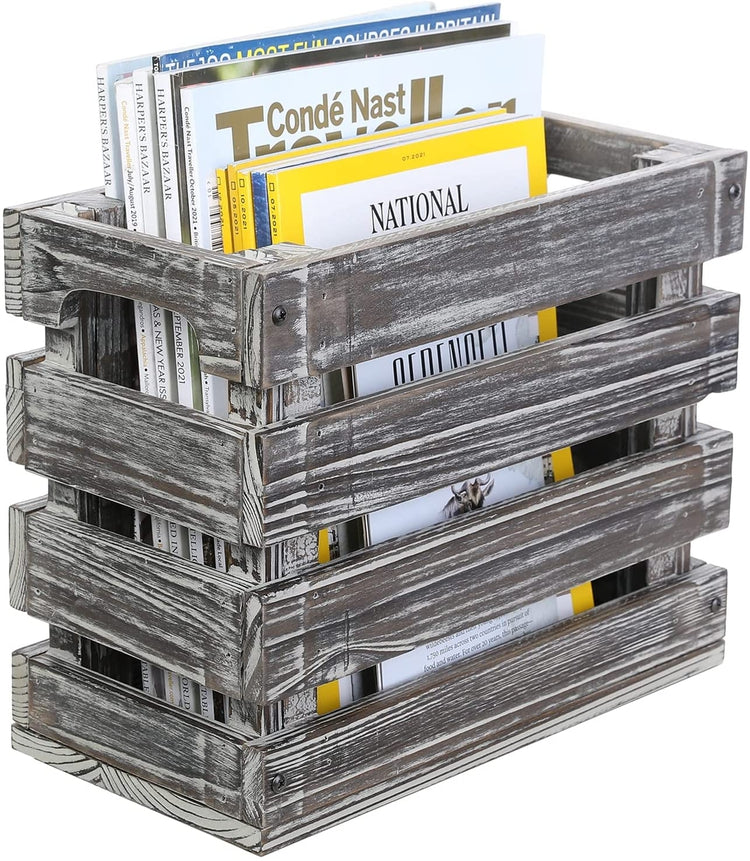 Torched Wood Magazine Holder Bathroom Storage Organizer Basket Crate with Cutout Handles-MyGift