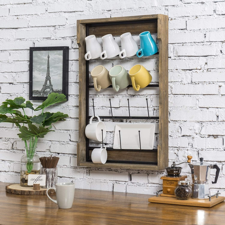 Brown Wood and Black Metal Wall Mounted Coffee Mug Rack and Display Shelf for 14 Cups