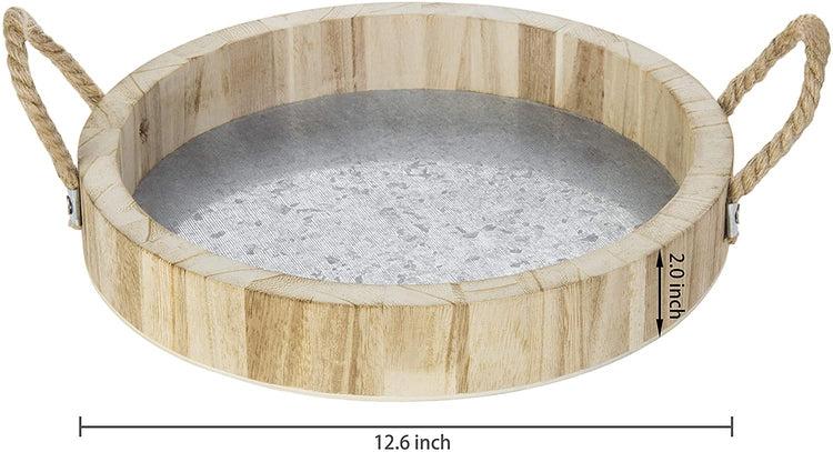 12-Inch Paulownia Wood and Galvanized Metal Round Serving Tray with Rope Handles-MyGift