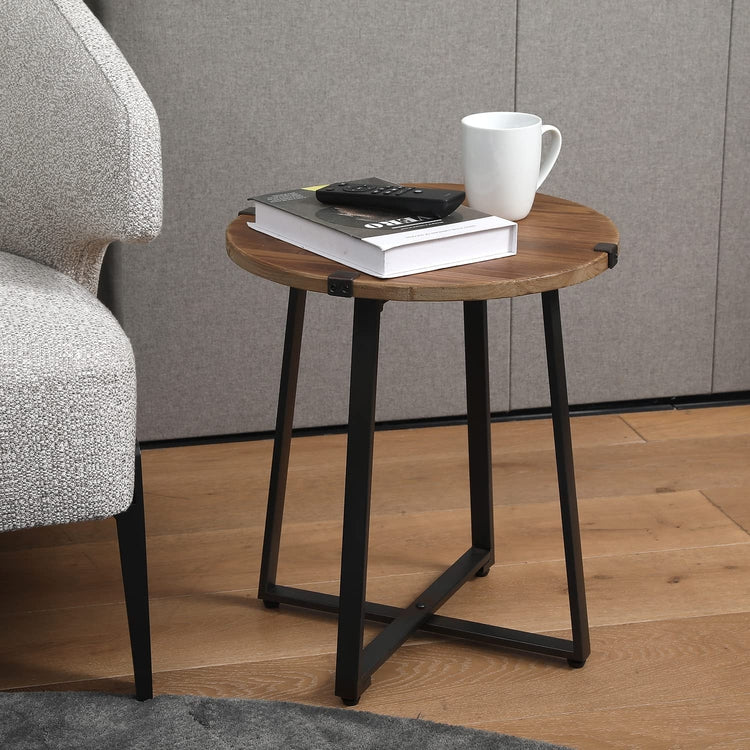 Rustic Brown Wood and Industrial Matte Black Metal Round Side End Table-MyGift
