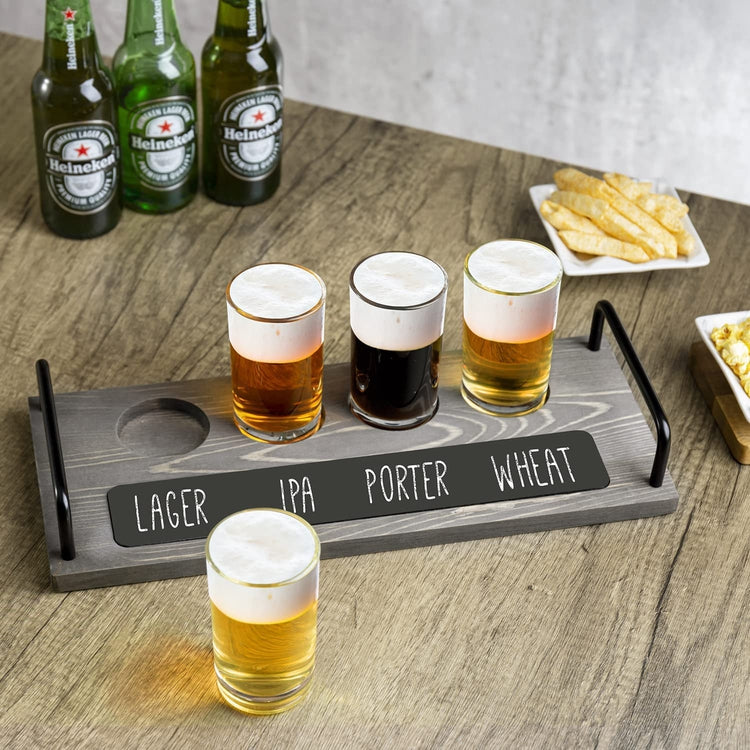 Gray Wood Beer Flight Set with Black Wire Metal Handles, 4 Beer Tasting Glasses, Plank Serving Tray and Chalkboard Label-MyGift