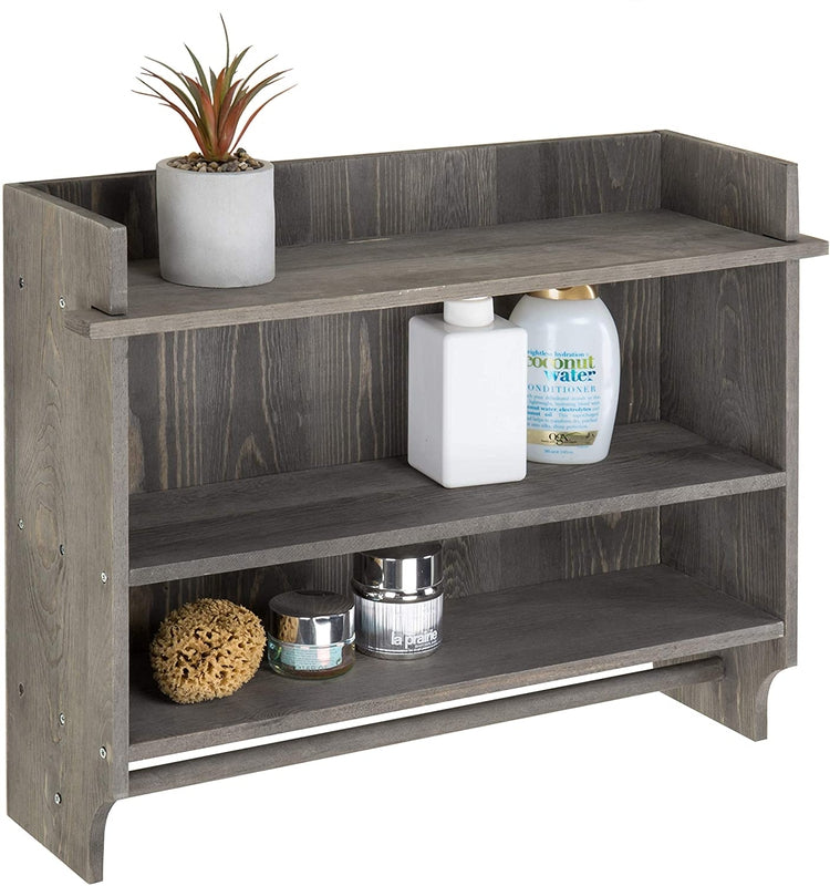 MyGift Wall-Mounted Rustic Gray Wood 3-Tier Bathroom Organizer Shelf Rack with 23 inch Hand Towel Bar