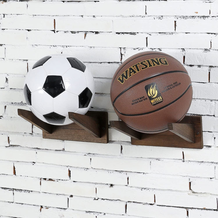 Set of 2, Burnt Wood Wall Mounted Multi Sport Ball Storage Display Racks-MyGift