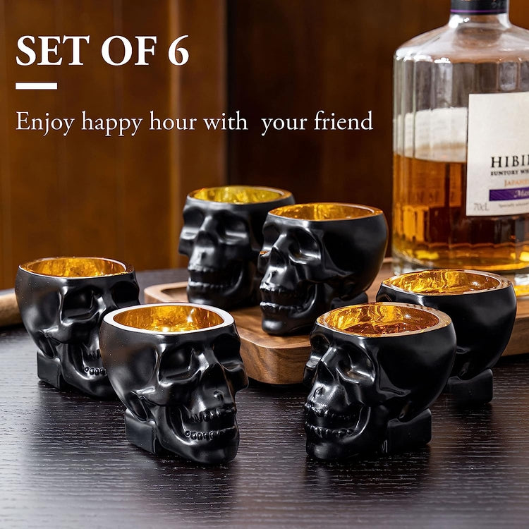 Set of 6, Skull Shaped Shot Glasses in Matte Black and Gold Tone, Spooky Halloween Skeleton Face Liquor Shooter Glass-MyGift