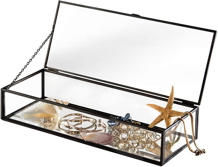 Vintage Style Black Metal & Clear Glass Mirrored Shadow Box Jewelry Display Case w/ Hinged Top Lid-MyGift
