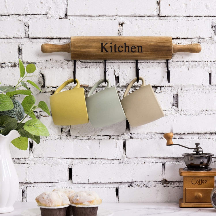 4-Hook Burnt Brown Wood Wall Mounted Rolling Pin Design Kitchen Storage for Cooking Utensils, Mugs and Hand Towels-MyGift