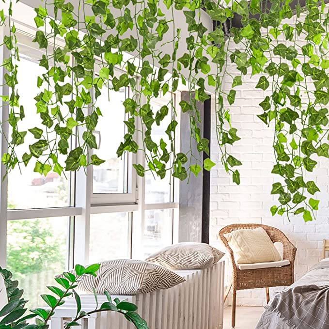 12 Piece Set Artificial Ivy Leaves Vines Foliage Garland, Faux Hanging  Greenery Strands