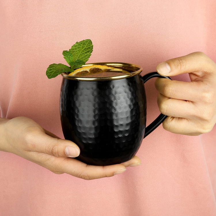 Set of 2, Hammered Pattern Black and Gold Tone Stainless Steel Moscow Mule Mugs-MyGift
