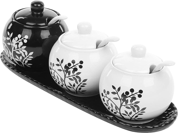 Set of 3, 7oz Black & White Ceramic Floral Tree Spice Jars, Condiment Pots with Spoons and Tray-MyGift