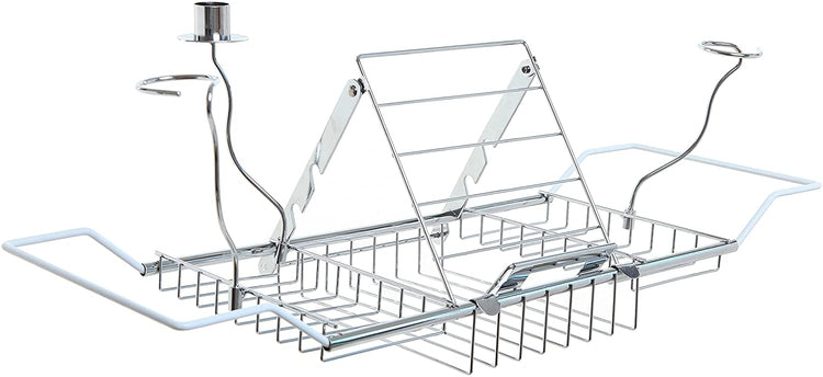 Metal Chrome Extendable Bathtub Caddy with 2 Wineglass Holders, Book Stand and Candleholder-MyGift