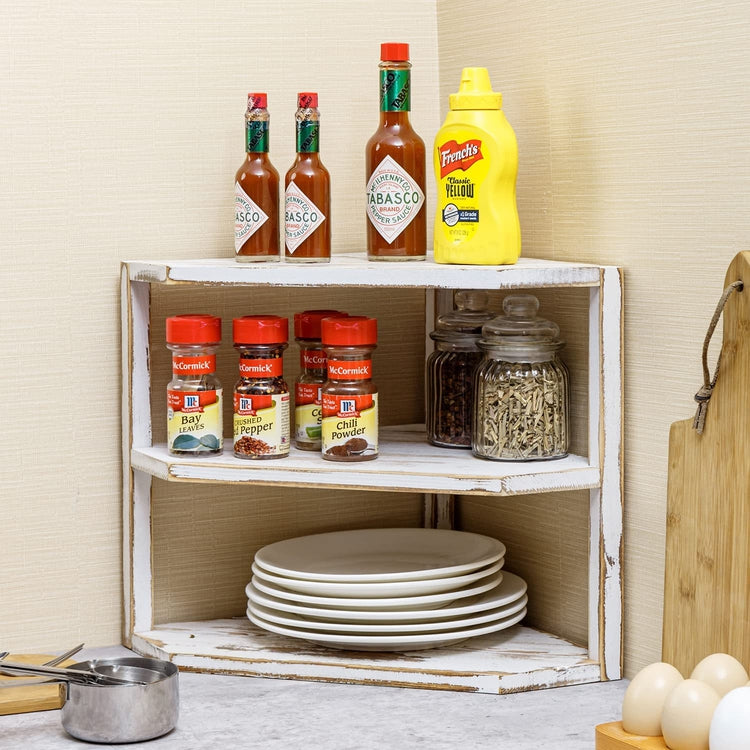 Tiered Weathered Gray Wood Kitchen Countertop Corner Organizer Shelf-MyGift