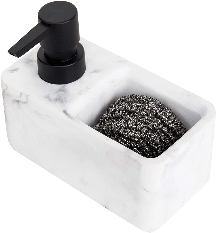 Faux Marble White Resin Dish Soap Dispenser with Sponge Holder-MyGift