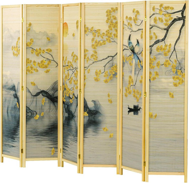 Paneled Bamboo Room Divider with Dual Sided Birds Gingko Biloba Tree Sunset Design, Freestanding Folding Privacy Screen-MyGift