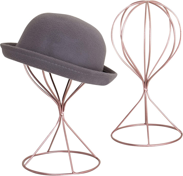 Set of 2, Modern Rose Gold-Tone Wire Design Metal Hat, Cap & Wig Rack Display Stands-MyGift