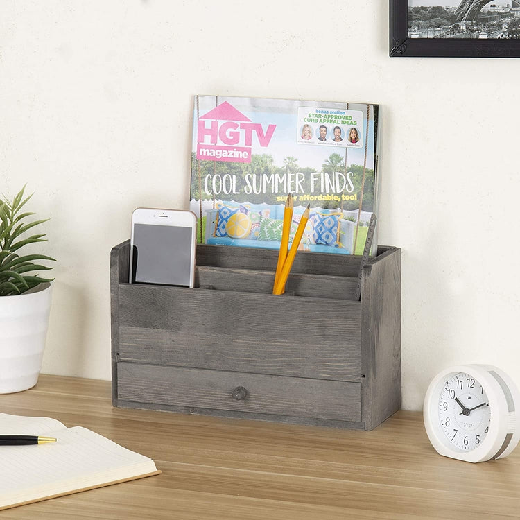 Rustic Gray Wood Desk Organizer & Office Document Storage with Pull Out Drawer-MyGift