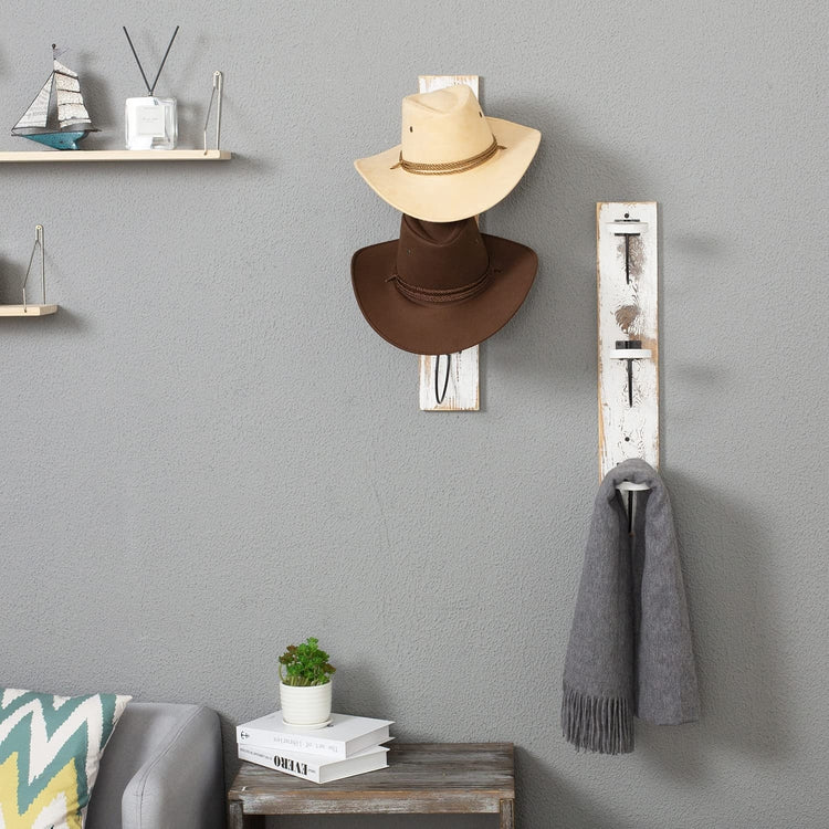 Set of 2, Whitewashed Wood and Black Metal Wire Wall Mounted Vertical Hat Rack-MyGift