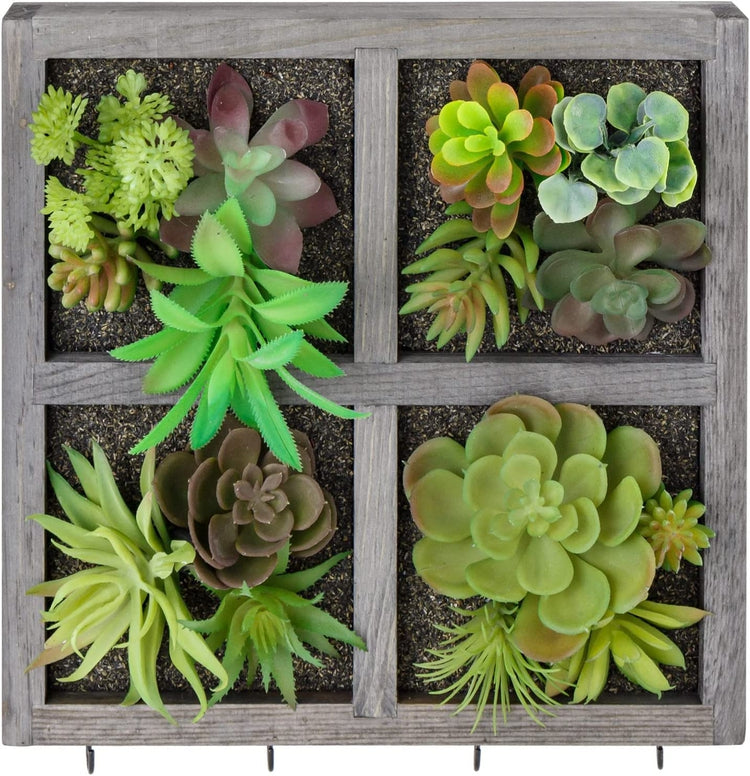 Gray Wood Grid Design Wall Mounted Artificial Succulent Decorative Entryway Wall Art with 4 Key Storage Hooks-MyGift