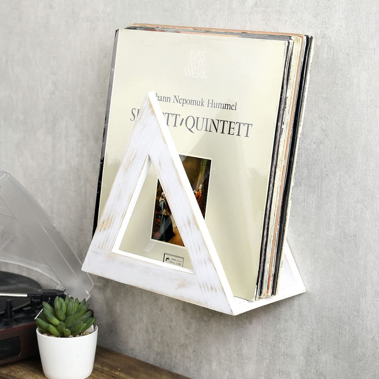 Whitewashed Wood Vinyl Record Storage Shelf, Album Display Holder Ledge, Wall Mounted Triangle Media Rack-MyGift