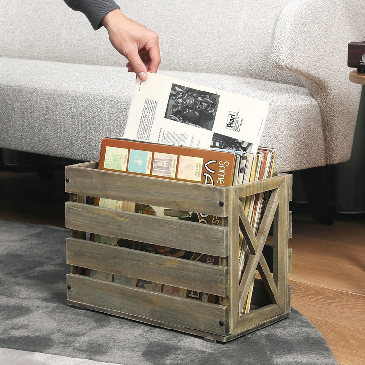 Gray Wood Vinyl Album Record Holder Rustic Crate Style Bin, Fits up to 12-inch Records-MyGift