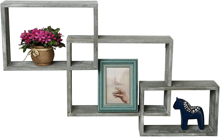 Set of 3 Wall-Mounted Weathered Gray Interlocking Wooden Shadow Boxes, Floating Box Display Shelves-MyGift