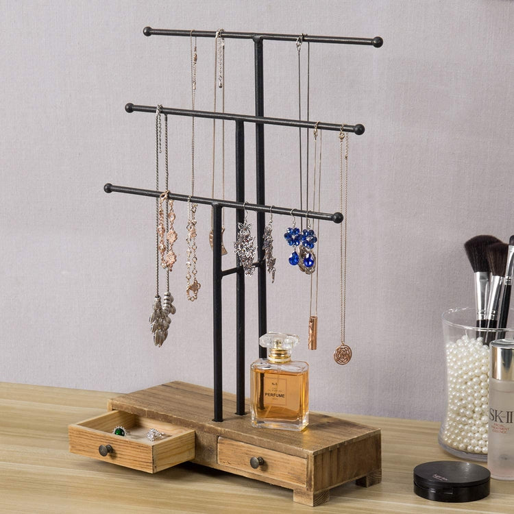 Black Metal T-Bar Jewelry Display Stand w/ Wooden Base & Ring Drawers-MyGift