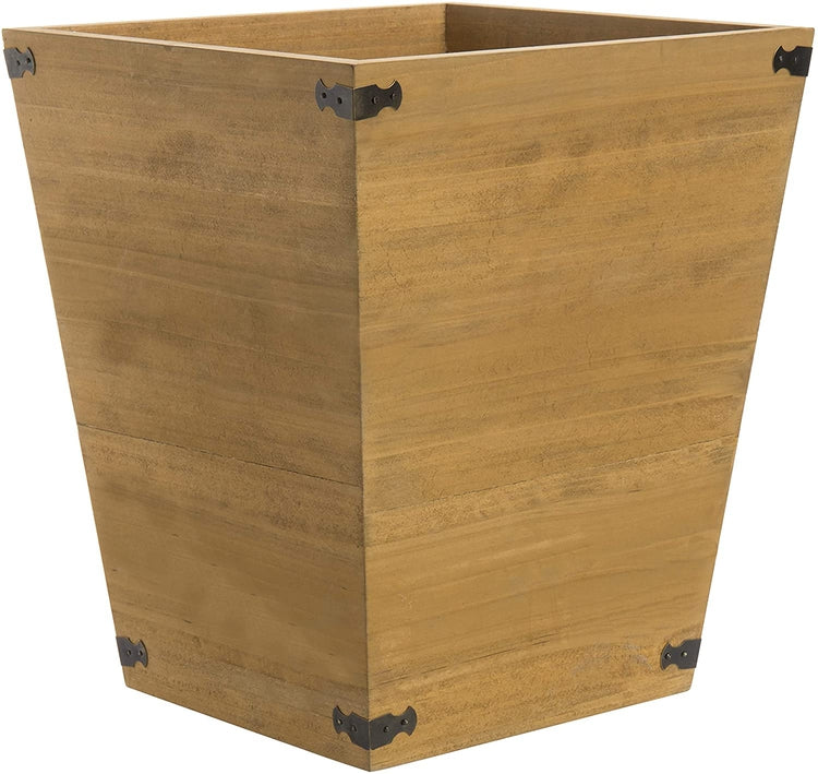 Brown Wood Waste Bin, Small Trash Can with Decorative Metal Brackets-MyGift