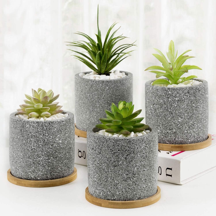 Set of 4 Speckled Gray Concrete Planter Pots with Bamboo Saucer Trays-MyGift