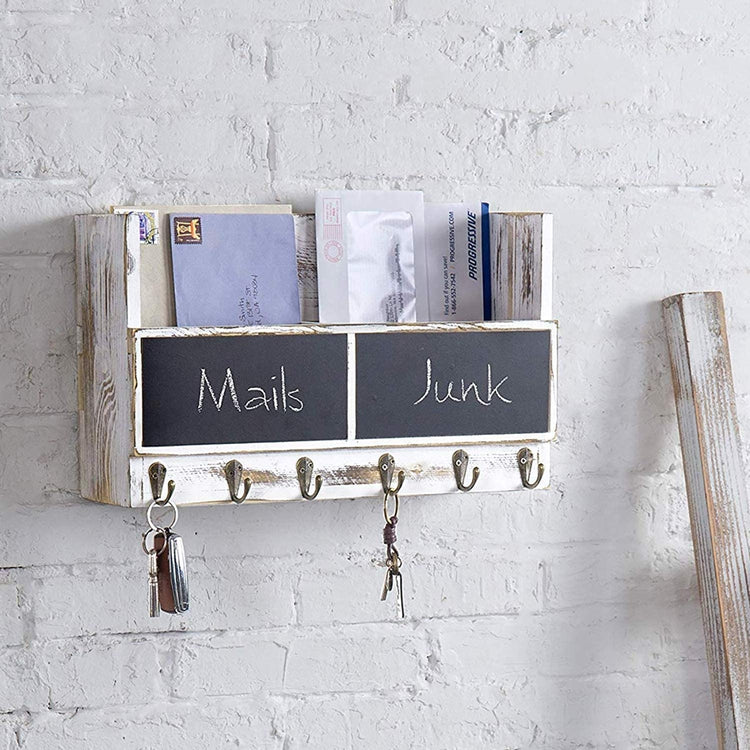 2-Slot Whitewashed Wood Mail Rack with Chalkboard and Key Hooks-MyGift