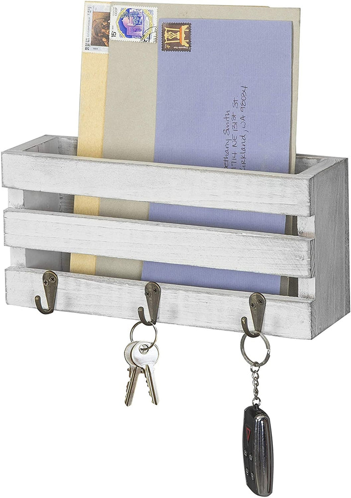Vintage White Wall-Mounted Mini Crate Mail Sorter with 3 Key Hooks-MyGift