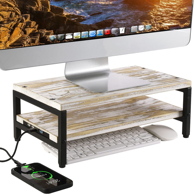 Monitor Stand Riser, Whitewashed Wood and Black Metal Ergonomic Computer Screen Desktop Workstation with USB Ports-MyGift